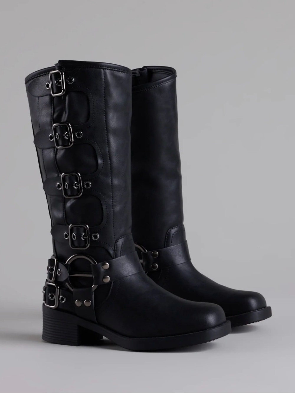 Edgy Black Buckle Square Toe Women’s Mid-Calf Boots